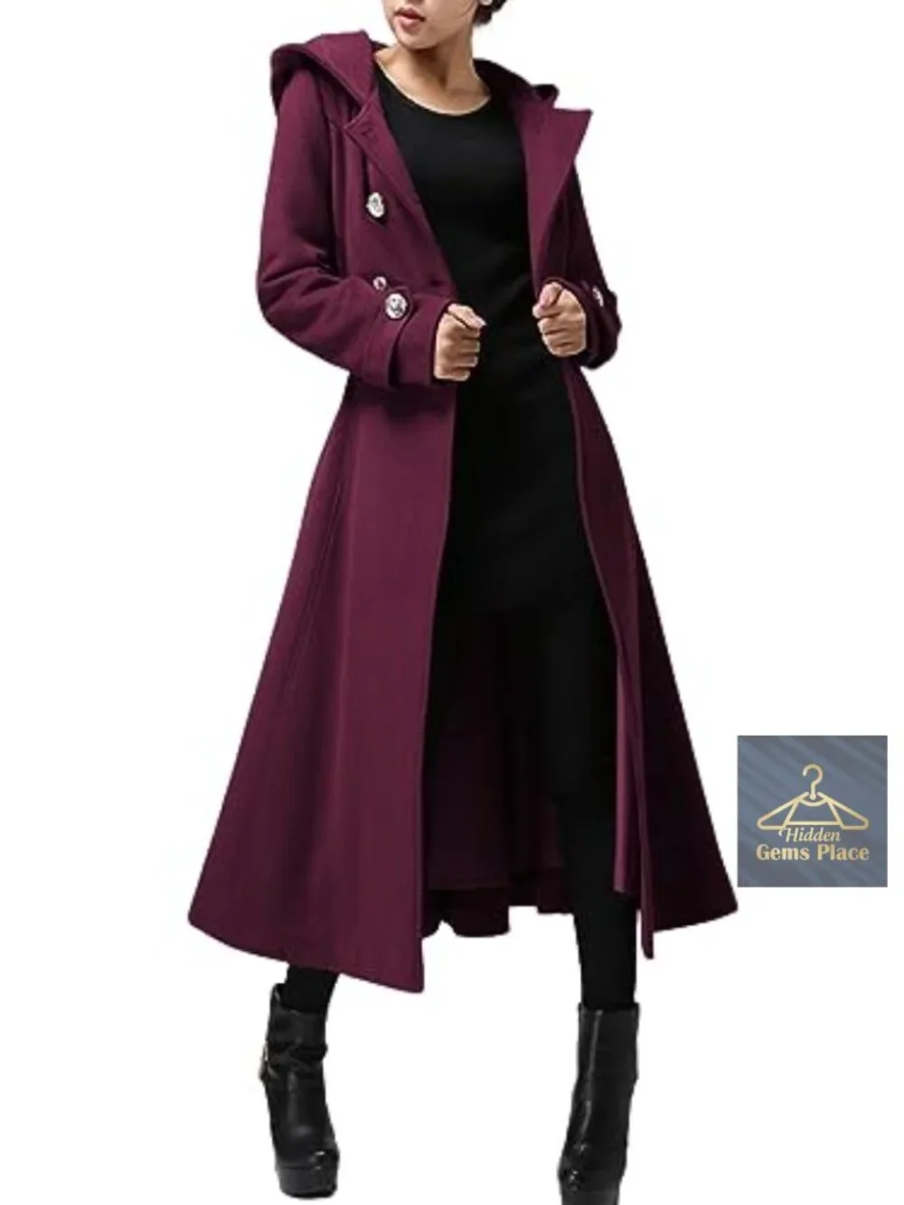 Women's Extra Long Double-Breasted Hooded Wool Blend Trench Coat